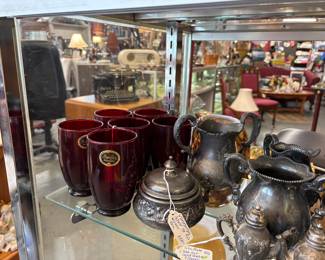 Beautiful Royal Ruby glasses. Pewter pitchers, cream and sugar, s/p sets coffee and tea sets