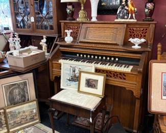 Chicago Kimball Pump Organ. Excellent condition and it works. Pair of Japanese Red Handpainted lamps. Mddox Drop front Desk with fret work Chippendale Bookcase .
