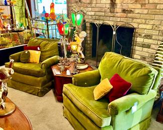 PAIR OF VELVETEEN VINTAGE GREEN CLUB CHAIRS.