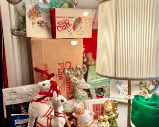VINTAGE CHRISTMAS INCLUDING AN ALUMINUM CHRISTMAS TREE STILL IN BOX AND A COLOR WHEEL LIKE NEW.