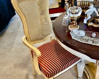 NICE CANED BACK VINTAGE CHAIRS WITH STRIPED FABRIC. COULD BE PAINTED!