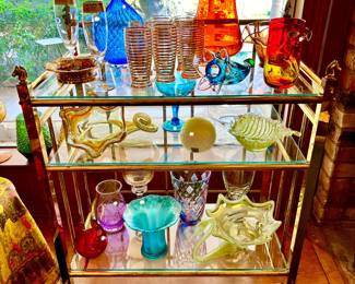 VINTAGE BAR WARE, COLORED GLASS, SLUNG GLASS, MURANO, BLENKO.