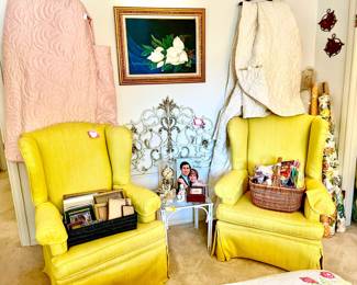 LOVE THESE BRIGHT BANANA YELLOW WINGBACK CHAIRS.