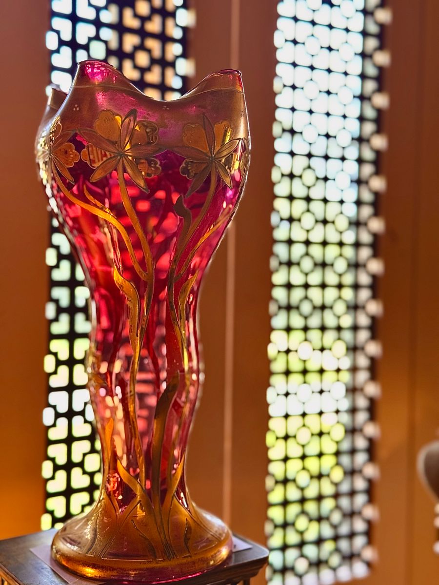 Hand painted glass vase ruby red