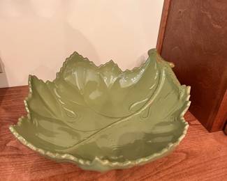 C81 - $30. Large Crate & Barrel Ceramic Leaf Green Bowl - Made in Italy. Measures 17".