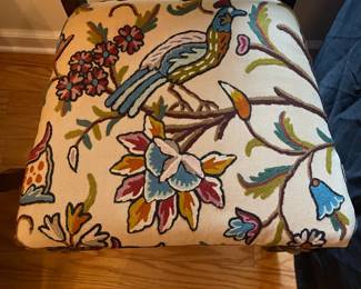 C110 - $40. Crewel Floral Upholstered Chair. Seat needs to be reattached. Measures 19" wide x 16" deep x 38" tall.
