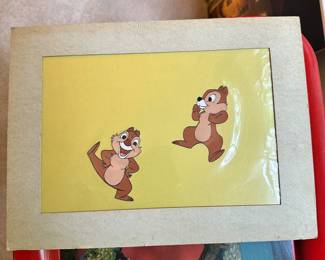 C41 - $200. Chip N Dale Celluloid Drawing. Back says "ORIGINAL hand painted celluloid drawing actually used in Walt Disney Production! Released exclusively by Disneyland"