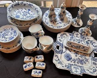 C95 - $195. Blue Danube 42 Pc. Dinner Set. 6 dinner, salad, bread plates. 6 teacup / saucer sets. Lg. Square Serving Dish, Veggie Dish, Salt & Pepper, Butter Dish, 2 Candle Sticks, 5 Napkin Rings.