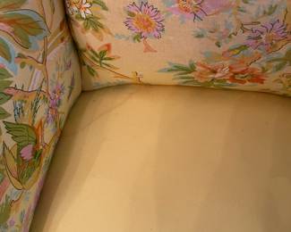C109 - $95. Henredon Wingback Chair. Down filled reversible cushion. Measures 26" wide x 28" deep x 44" tall. There are some holes in the upholstery.