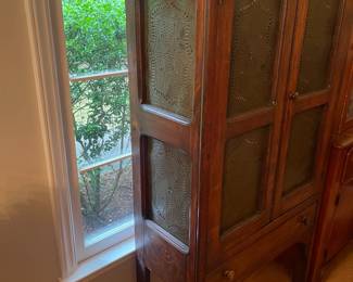 C108 - $300. Antique Pie Cabinet with Tin Punched Doors & Sides. Measures 29.5" wide x 14" deep x 57" tall.