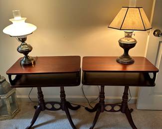 C44 - $85 PAIR of Solid Wood Matching End Tables with claw feet. Measures 24" wide x 13.5" deep x 26" tall.