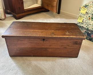 C125 - $95. Small Antique Wooden Chest WITH key! Measures 31.5" wide x 14" deep x 12" tall.