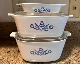 C94 - $30 ALL. Corning Ware Blue Cornflower Baking Dishes. $12 Each - 1.5 qt with lid (2 available). $8 - petite pan no lid.