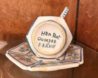 C98 - $25. Pair of Vintage Henriot Quimper Man & Woman Tea Cups & Saucers. Cups are 6 sided and 2.25" tall. Saucers are 5.5" in diameter.