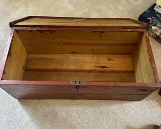 C125 - $95. Small Antique Wooden Chest WITH key! Measures 31.5" wide x 14" deep x 12" tall.