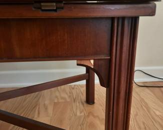 C52 - $65. Butler Tray Style Coffee Table. Measures 46" long x 31.5" wide x 17.25" tall. Very good vintage condition - (missing one tiny veneer piece see photo)