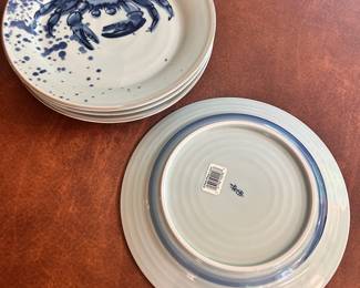 C130 - $20. Set of 4 Made in Japan - Celadon Blue Crab Dinner Plates. Measures 9.5" across.