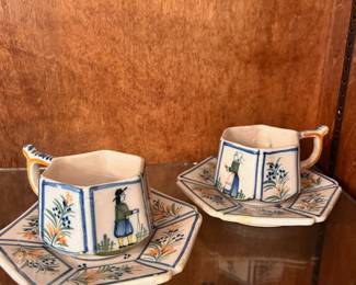 C98 - $25. Pair of Vintage Henriot Quimper Man & Woman Tea Cups & Saucers. Cups are 6 sided and 2.25" tall. Saucers are 5.5" in diameter.