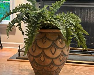 C51 - $45. Heavy Pottery Planter (artificial fern). Measures 16" tall x 13" wide.