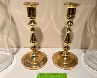 C36 - $30. SET. Brass Candlesticks (6.75) with Hurricane Shades (11.25" tall").