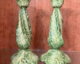 C96 - $40. Set of 2 Vietri Green Leaf Candle Stick Holders. Measures 8" tall.