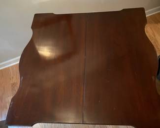 C32 - $145. Huntley Simmons Flip Top Table. Single drawer slides easily. Open it measures 35.5" wide x 37" deep x 30.5" tall. Closed it is 18.5" deep.