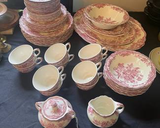 C115 - $300. Crown Ducal "Bristol". 60 Piece Set. 10 dinner plates, 8 salad plates, 8 dessert plates, 10 teacups & saucers, 8 bowls, 1 large platter, 1 medium platter, 2 veggie dishes, 1 small serving bowl, 1 creamer / sugar.