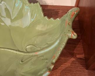 C81 - $30. Large Crate & Barrel Ceramic Leaf Green Bowl - Made in Italy. Measures 17".