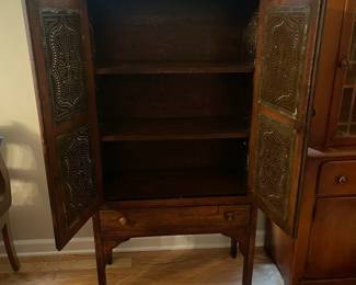 C108 - $300. Antique Pie Cabinet with Tin Punched Doors & Sides. Measures 29.5" wide x 14" deep x 57" tall.