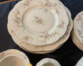 C38 - $140. Theodore Haviland New York "Rosalinde". Serving Platter, 7 dinner plates, 2 salad plates, 6 dessert plates, 7 teacup/saucers, creamer, sugar bowl (no lid), gravy dish. No chips/ cracks noted.