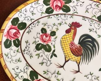 C131 - $25. Vintage PY Ucagco Rooster & Roses Tea Pot, Serving Platter & Lidded Sugar Bowl. Platter has some crazing, all other pieces are in good condition.