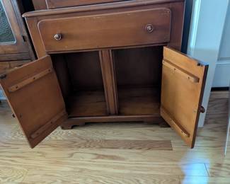 C34 - $125. Old Town Maple China Cabinet. Vintage - Solid Wood. Smaller size. Measures 32" wide x 15" deep x 62" tall. Doors work well - drawer is slightly sticky. One knob is broken and has minor scratching.