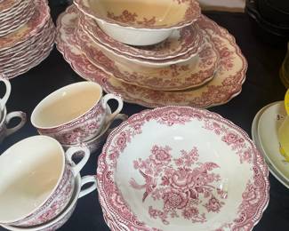 C115 - $300. Crown Ducal "Bristol". 60 Piece Set. 10 dinner plates, 8 salad plates, 8 dessert plates, 10 teacups & saucers, 8 bowls, 1 large platter, 1 medium platter, 2 veggie dishes, 1 small serving bowl, 1 creamer / sugar.