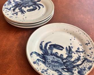 C130 - $20. Set of 4 Made in Japan - Celadon Blue Crab Dinner Plates. Measures 9.5" across.