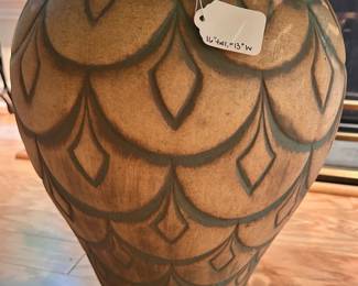 C51 - $45. Heavy Pottery Planter (artificial fern). Measures 16" tall x 13" wide.