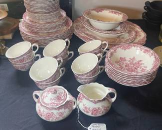 C115 - $300. Crown Ducal "Bristol". 60 Piece Set. 10 dinner plates, 8 salad plates, 8 dessert plates, 10 teacups & saucers, 8 bowls, 1 large platter, 1 medium platter, 2 veggie dishes, 1 small serving bowl, 1 creamer / sugar.
