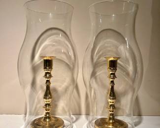 C36 - $30. SET. Brass Candlesticks (6.75) with Hurricane Shades (11.25" tall").