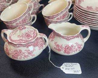 C115 - $300. Crown Ducal "Bristol". 60 Piece Set. 10 dinner plates, 8 salad plates, 8 dessert plates, 10 teacups & saucers, 8 bowls, 1 large platter, 1 medium platter, 2 veggie dishes, 1 small serving bowl, 1 creamer / sugar.