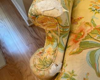 C109 - $95. Henredon Wingback Chair. Down filled reversible cushion. Measures 26" wide x 28" deep x 44" tall. There are some holes in the upholstery.