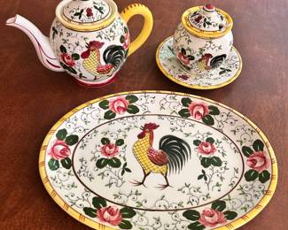 C131 - $25. Vintage PY Ucagco Rooster & Roses Tea Pot, Serving Platter & Lidded Sugar Bowl. Platter has some crazing, all other pieces are in good condition.