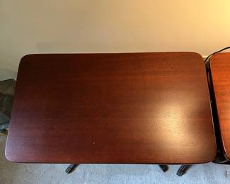 C44 - $85 PAIR of Solid Wood Matching End Tables with claw feet. Measures 24" wide x 13.5" deep x 26" tall.