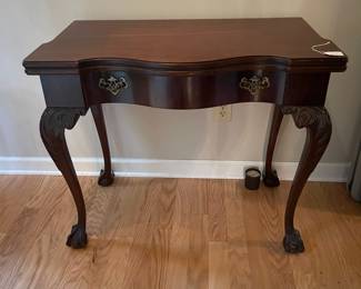 C32 - $145. Huntley Simmons Flip Top Table. Single drawer slides easily. Open it measures 35.5" wide x 37" deep x 30.5" tall. Closed it is 18.5" deep.