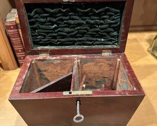 B97 - $75. Tea Caddy with key that works! Inside of the box isn't in the best of condition but the outside is very nice.