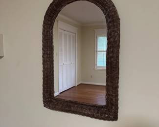 B14 - $50. Vintage Wicker Framed Mirror. Measures 20" x 31". Hangs from single hole on the frame.