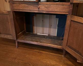 B23 - $550. Punched Tin Large Antique Pie Safe. Measures 42.75" wide x 18" deep x 77" tall. Single Drawer slides. Someone has cut a hole in the back of the bottom part for cords.