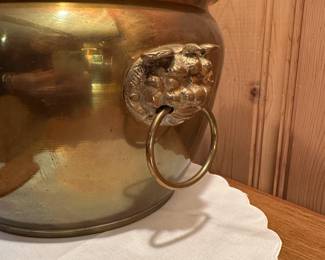 B35 - $40. Vintage Embossed Brass Planter with Foo Dog Handles.