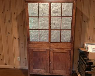 B23 - $550. Punched Tin Large Antique Pie Safe. Measures 42.75" wide x 18" deep x 77" tall. Single Drawer slides. Someone has cut a hole in the back of the bottom part for cords.