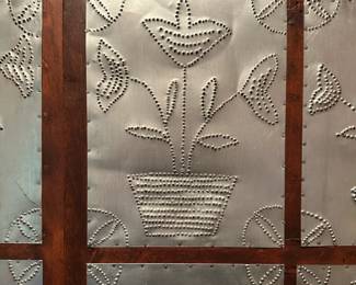 B23 - $550. Punched Tin Large Antique Pie Safe. Measures 42.75" wide x 18" deep x 77" tall. Single Drawer slides. Someone has cut a hole in the back of the bottom part for cords.