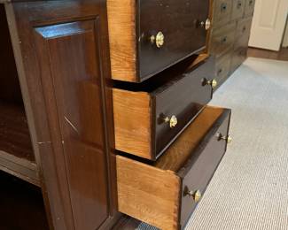 B17 - $150. Secretary Desk. Vintage - Solid Wood - Very sturdy. Measures 36" wide x 18" deep x 51.5" tall. Has 4 adjustable shelves on the sides. Does come apart if needed to move in 2 pieces.