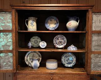 B23 - $550. Punched Tin Large Antique Pie Safe. Measures 42.75" wide x 18" deep x 77" tall. Single Drawer slides. Someone has cut a hole in the back of the bottom part for cords.